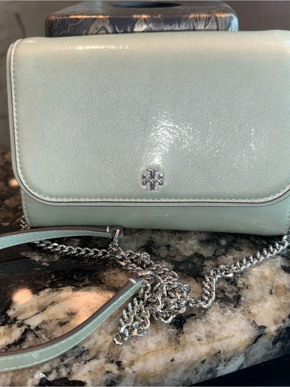 Tory Burch Mint Green Leather purse with Silver Logo